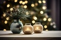 Burning candle and Christmas decoration over wooden background, elegant low-key shot with festive mood Royalty Free Stock Photo