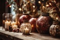 Burning candle and Christmas decoration over wooden background, elegant low-key shot with festive mood Royalty Free Stock Photo