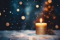 Burning candle, Christmas decoration on wooden background in falling snow and defocused lights background. Copy space Royalty Free Stock Photo