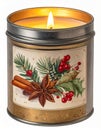Burning Candle with Christmas Spice Label and Metal Container Isolated Royalty Free Stock Photo