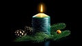 A burning candle, a cone and branches of a Christmas tree, generative AI. Royalty Free Stock Photo