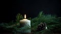 A burning candle, a cone and branches of a Christmas tree, generative AI. Royalty Free Stock Photo