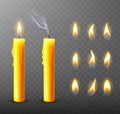 Burning candle with dripping or flowing wax, realistic vector illustration. Yellow candles with golden flame lit Royalty Free Stock Photo