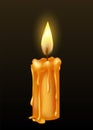 Burning candle with dripping or flowing wax. Yellow candle with golden flame. Lit and melted wax. Illustration of