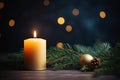Advent-Burning candle with fir branches on wooden table against blurred lights, space for text.Generative AI Royalty Free Stock Photo