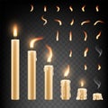 Burning candle and flame set, vector isolated illustration