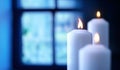 Burning candle in front of window Royalty Free Stock Photo