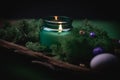 A burning candle in a glass jar in the bark of a tree with moss and precious ritual stones on a green Royalty Free Stock Photo