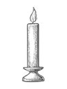 Burning candle with holder and fire flame. Royalty Free Stock Photo