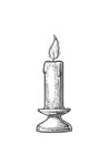 Burning candle with holder and fire flame. Royalty Free Stock Photo