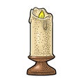 Burning candle with holder and fire flame. Vintage vector engraving Royalty Free Stock Photo