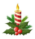 Burning candle, holly leaves and red berries. Royalty Free Stock Photo