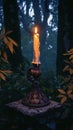 Burning candle illuminates eerie forest, embodying esoteric mystique