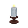 Burning candle with melting wax on small wooden candlestick. Bright yellow flame. Item for divination. Flat vector icon