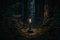 Burning candle in the middle of dark forest, ai generated