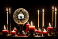 burning candle, moon symbol, amulet and ball lying on a dark natural background. Witchcraft, esoteric spiritual ritual