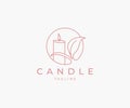 Burning candle with organic plants logo design. Aromatic candle fire light vector design Royalty Free Stock Photo