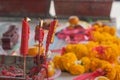 Burning candle in pot at chinese shrine. Royalty Free Stock Photo