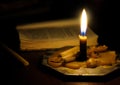 Burning candle and prayer book Royalty Free Stock Photo