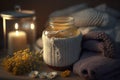 Burning candle in small amber glass jar, flowers of gypsophila and stack knitted seasin sweaters Cozy lifestyle, hygge concept.