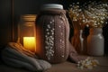 Burning candle in small amber glass jar, flowers of gypsophila and stack knitted seasin sweaters Cozy lifestyle, hygge concept.