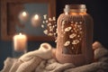 Burning candle in small amber glass jar, flowers of gypsophila and stack knitted seasin sweaters Cozy lifestyle, hygge concept.