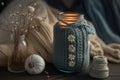 Burning candle in small amber glass jar, flowers of gypsophila and stack knitted seasin sweaters Cozy lifestyle, hygge concept.