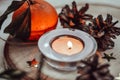 Burning candle surrounded by pine cones and tangerines