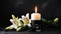 Burning candle tied with black ribbon and white flowers on dark background Royalty Free Stock Photo
