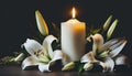 Burning candle and white lily flowers on dark background. Sympathy card Royalty Free Stock Photo