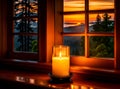 Burning candle in the window sill in front of a beautiful sunset.