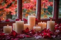 Burning Candles With Autumn Leaves on a Windowsill Royalty Free Stock Photo