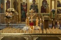 Burning candles on the background of the altar in an Orthodox church. Faith and Prayer Royalty Free Stock Photo