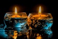 Burning candles on a black background with reflection and water drops. Generative AI Royalty Free Stock Photo