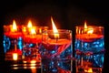 Burning candles on a black background with reflection and water drops. Generative AI Royalty Free Stock Photo