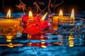 Burning candles on a black background with reflection and water drops. Generative AI Royalty Free Stock Photo