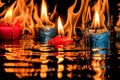 Burning candles on a black background with reflection and water drops. Generative AI Royalty Free Stock Photo