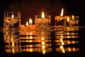 Burning candles on a black background with reflection and water drops. Generative AI Royalty Free Stock Photo