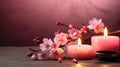 Burning Candles and Blooming Sakura Branch: A Pink Tinted Idea for a Postcard AI Generated