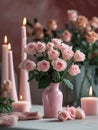 Burning candles and bouquet of pink roses in a vase on a table. Royalty Free Stock Photo