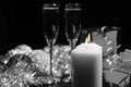 Burning Candles with Champagne and Decorations Royalty Free Stock Photo