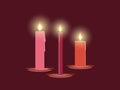 Burning candles, Christmas decorations. Leaking wax. Three brightly lit candles. Vector