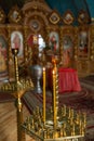 Burning candles in church Interior. Close up shot. Religion concept. St. Peter`s Basilica. Christian Catholic Cathedral Royalty Free Stock Photo