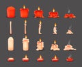 Cartoon burning wax candles on the different stages of burning