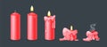 Burning candles flame set. Cartoon burning red wax candles on the different stages of burning from a whole before an extinguished