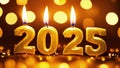 Burning candles in form of letters 2025 on festive blurred bokeh background. Close-up Royalty Free Stock Photo