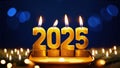 Burning candles in form of letters 2025 on festive blurred bokeh background. Close-up Royalty Free Stock Photo