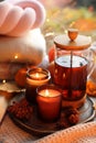 Burning candles, freshly brewed tea, sweaters and autumn decor on fabric Royalty Free Stock Photo