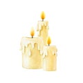 Burning candles group. Watercolor illustration. Hand drawn group of burning cream color cozy candles. Isolated on white