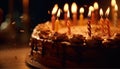 Burning candles illuminate chocolate cake at celebration generated by AI
